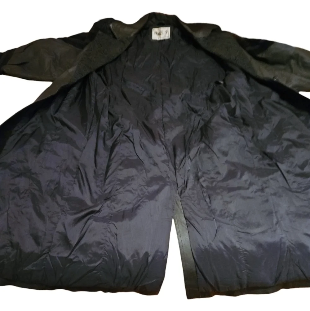 Vintage 80s Long Black Leather/Suede Trench Coat/Duster, Sz Med, Double G